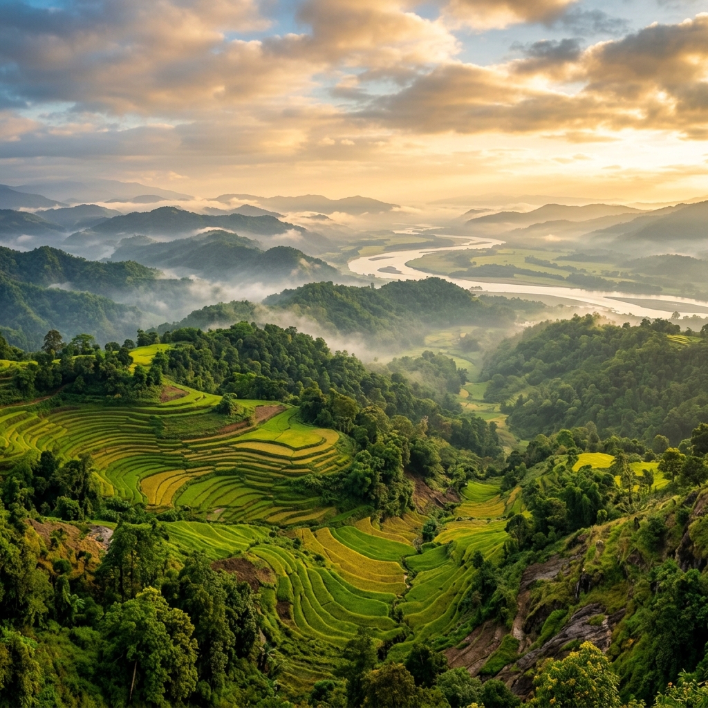 Lush green hills, rice terraces and river valleys of Northeast India